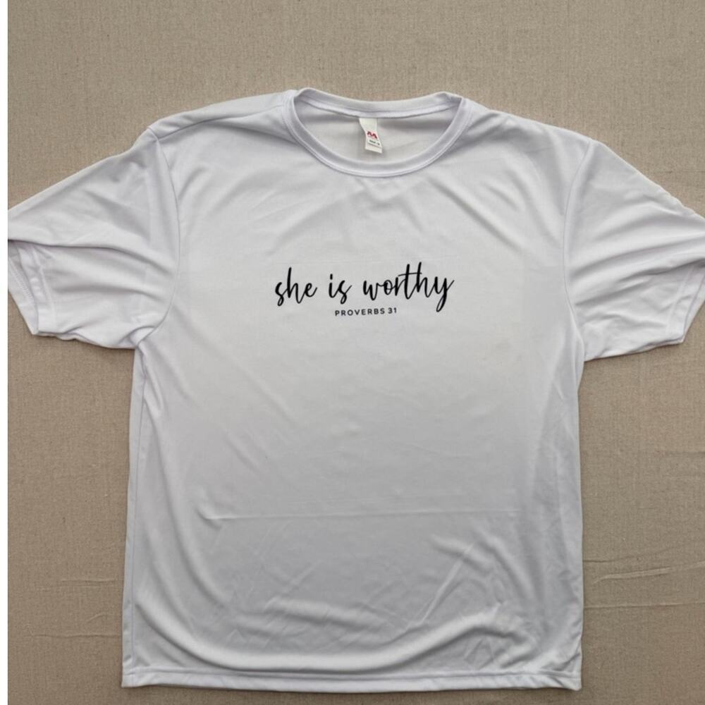 Gildan White Short Sleeve Tee with Black Script "she is worthy" made to order